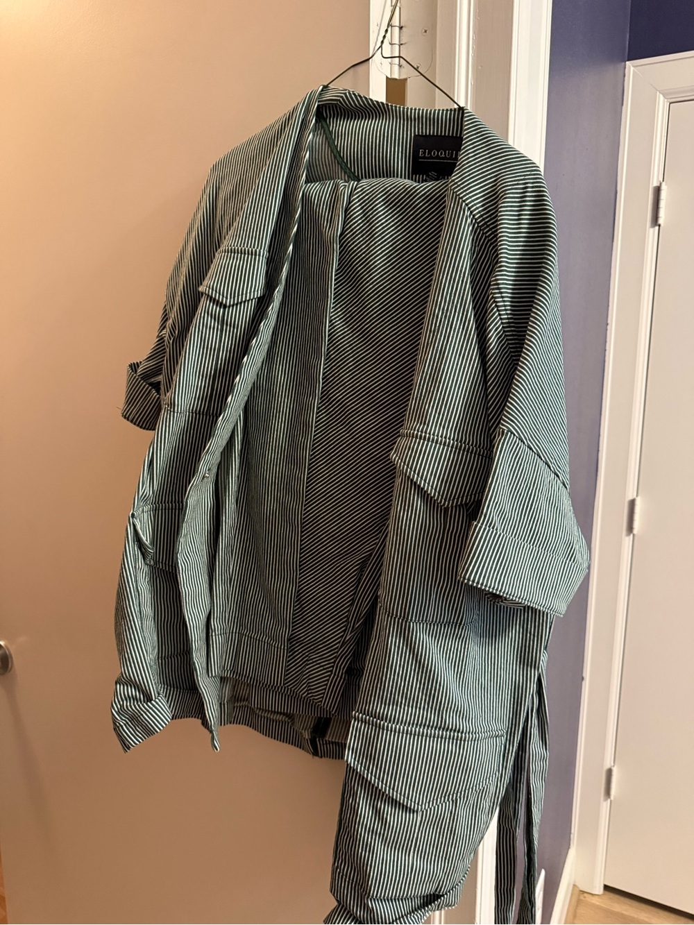 Eloquii Green and White Striped Lightweight Shirt Jacket and Pantsuit